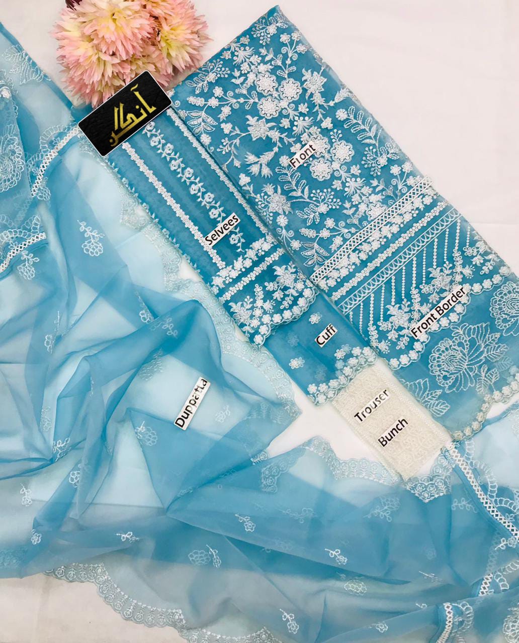 AZURE Organza Embroidered unstitched 3pc