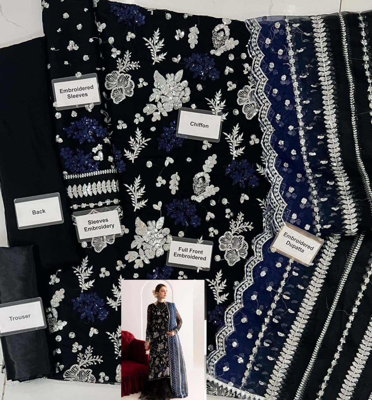 NUREH Chiffion embroidered sequence unstitched 3pc