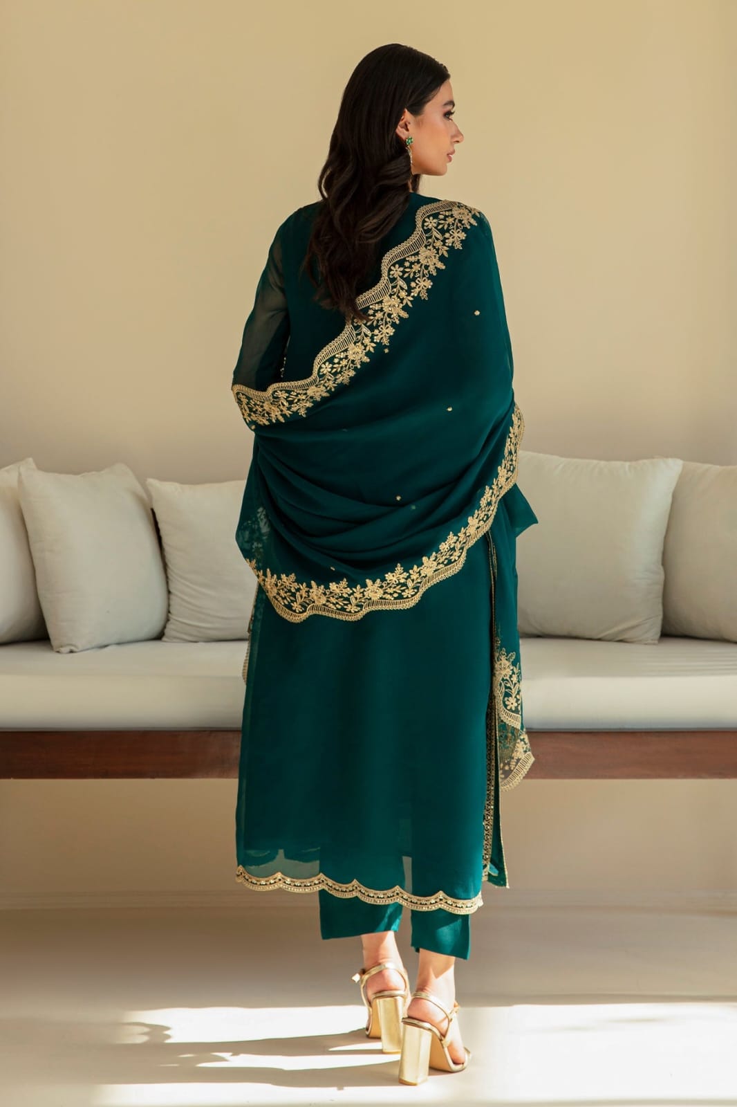 BAROQUE BRAND LUXURY CHIFFON EMBROIDERED SUIT