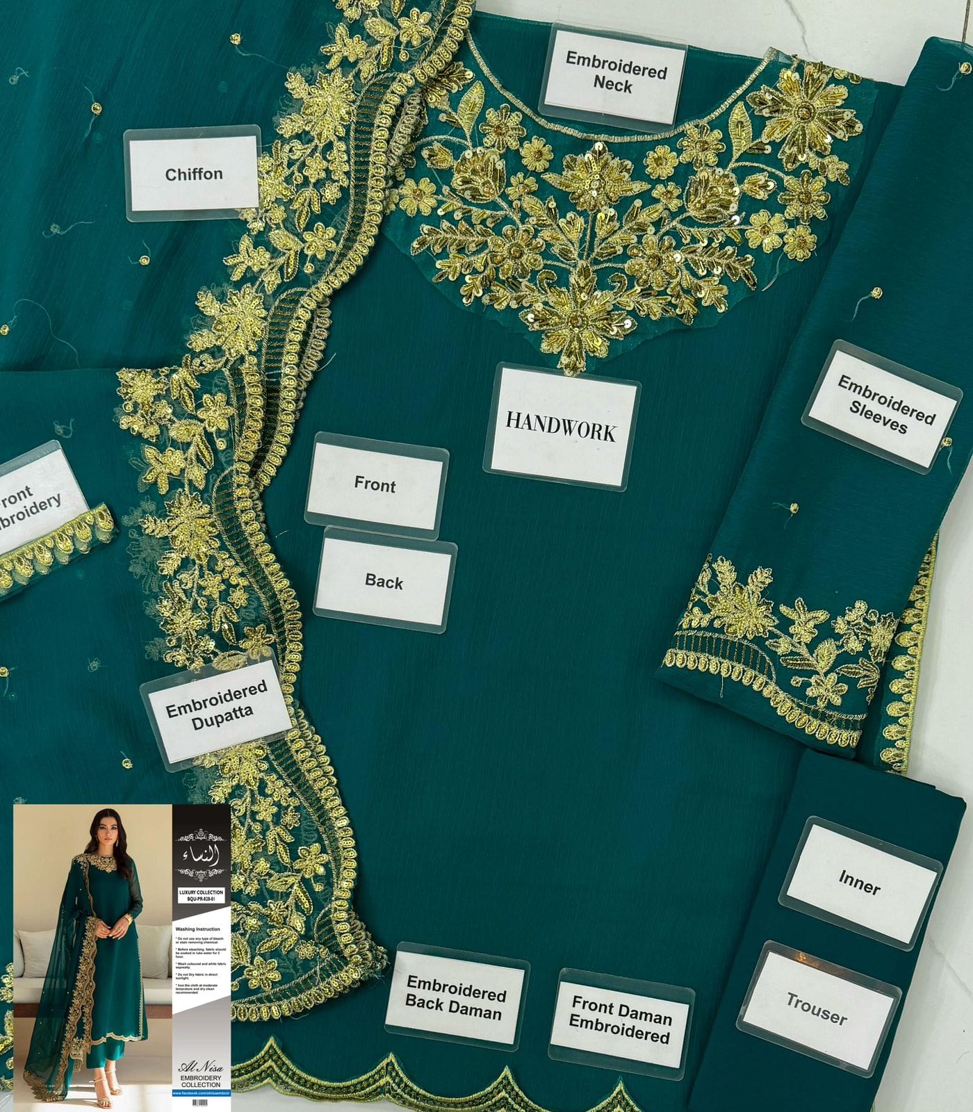 BAROQUE BRAND LUXURY CHIFFON EMBROIDERED SUIT