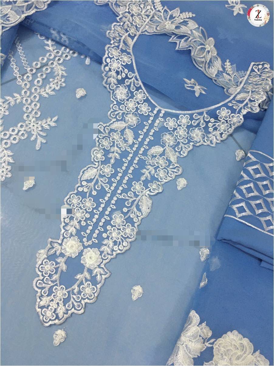 Azure Elegant premium organza embroidery suit