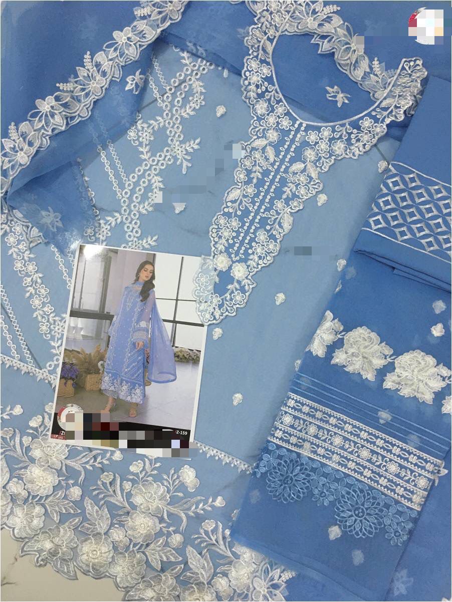 Azure Elegant premium organza embroidery suit