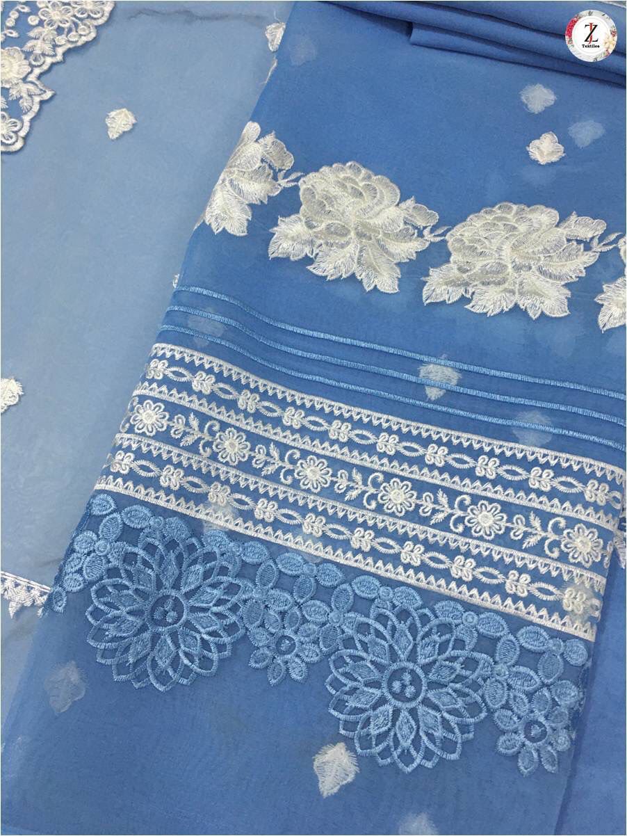 Azure Elegant premium organza embroidery suit