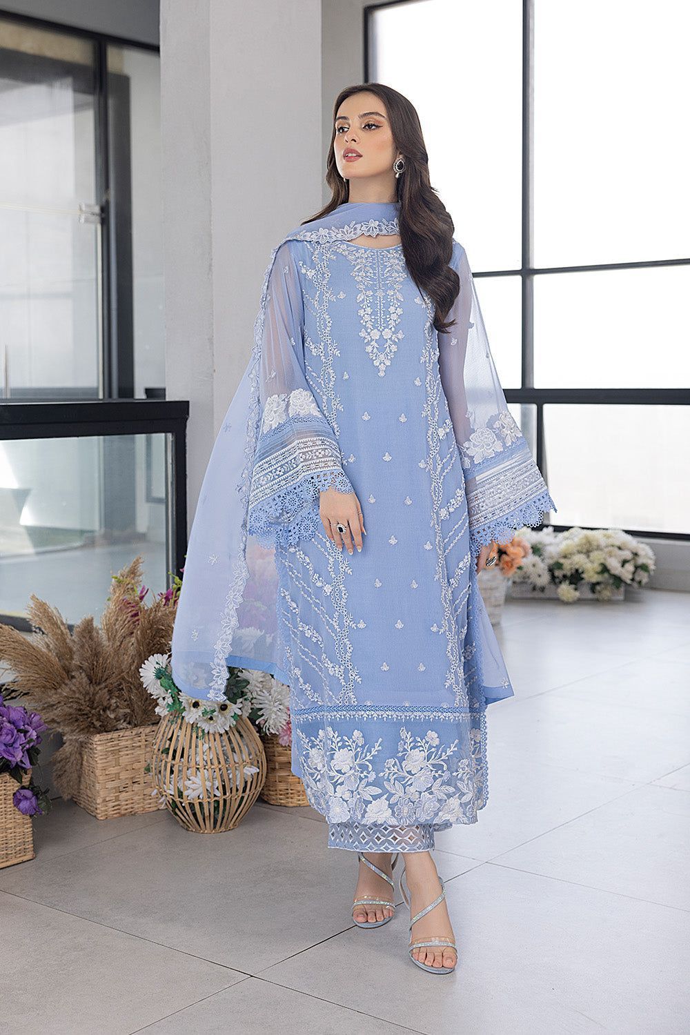 Azure Elegant premium organza embroidery suit