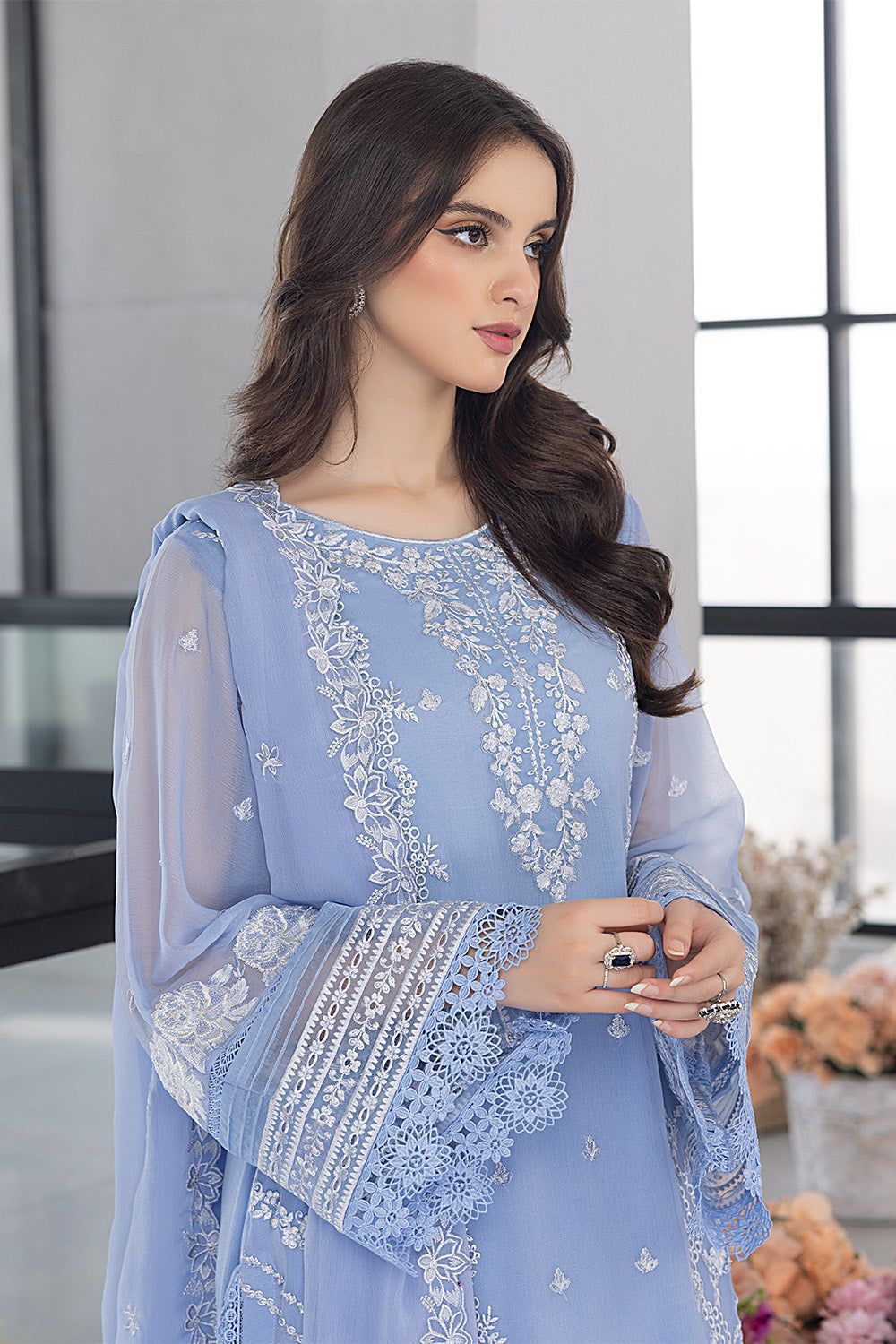 Azure Elegant premium organza embroidery suit