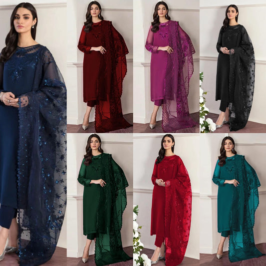 BAROQUE chiffon embroidered sequence unstitched suit