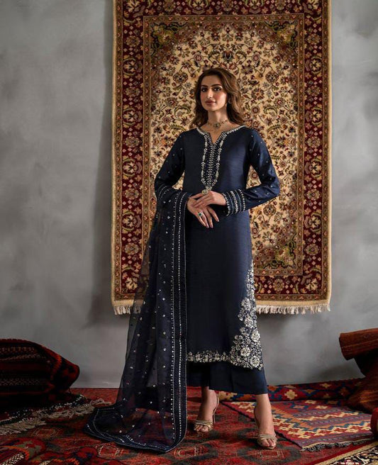 IZNIK shamooz silk embroidered hand embellished luxury unstitched suit