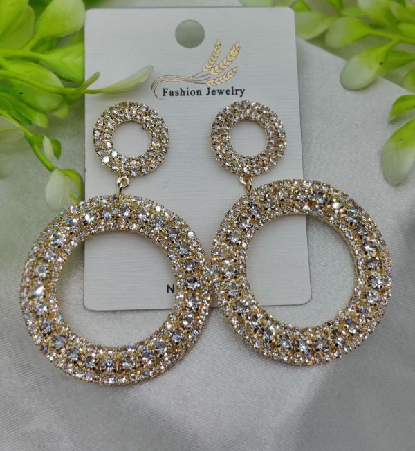 Imported Radiant Double-hoop Crystal Earrings – Glamorous Statement Jewelry – Luxurious Gold Finish | Best Quality Artificial Earrings For Girls & Women